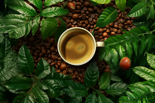 Organic coffee cup with green coffee plants in the background