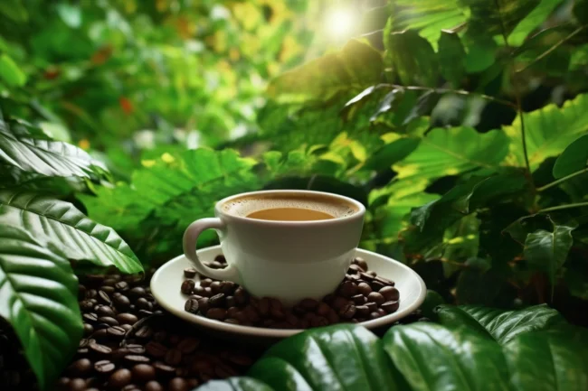 A cup of eco-friendly organic coffee and fresh coffee plants