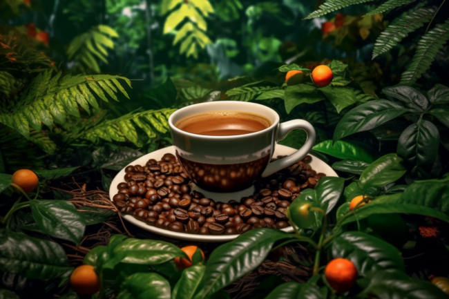Image of a healthy cup of organic coffee surrounded by thriving coffee plants