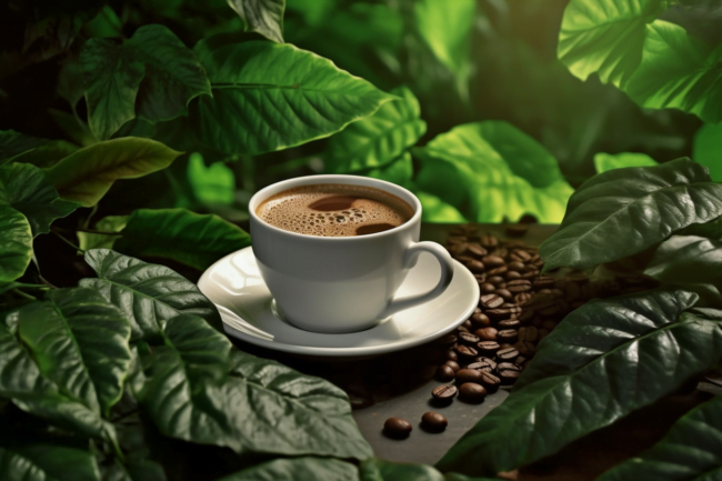 Sustainable, ethical, and delicious organic coffee with lush greenery in the background